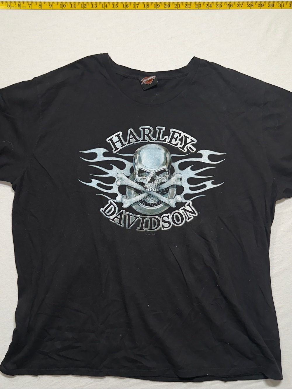 Harley-Davidson Black Tee with Silver Skull and Flames